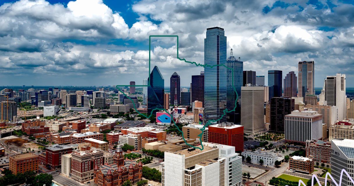 Skyline of a Texas city with a state map outline overlay." Caption: "A vibrant Texas skyline symbolizing the opportunities for healthcare workers seeking payroll loans in Texas." Description: "An aerial view of a bustling Texas city skyline with a map overlay of the state. This image highlights the urban landscape where many healthcare professionals live and work, emphasizing the availability of payroll loans to manage unexpected expenses.