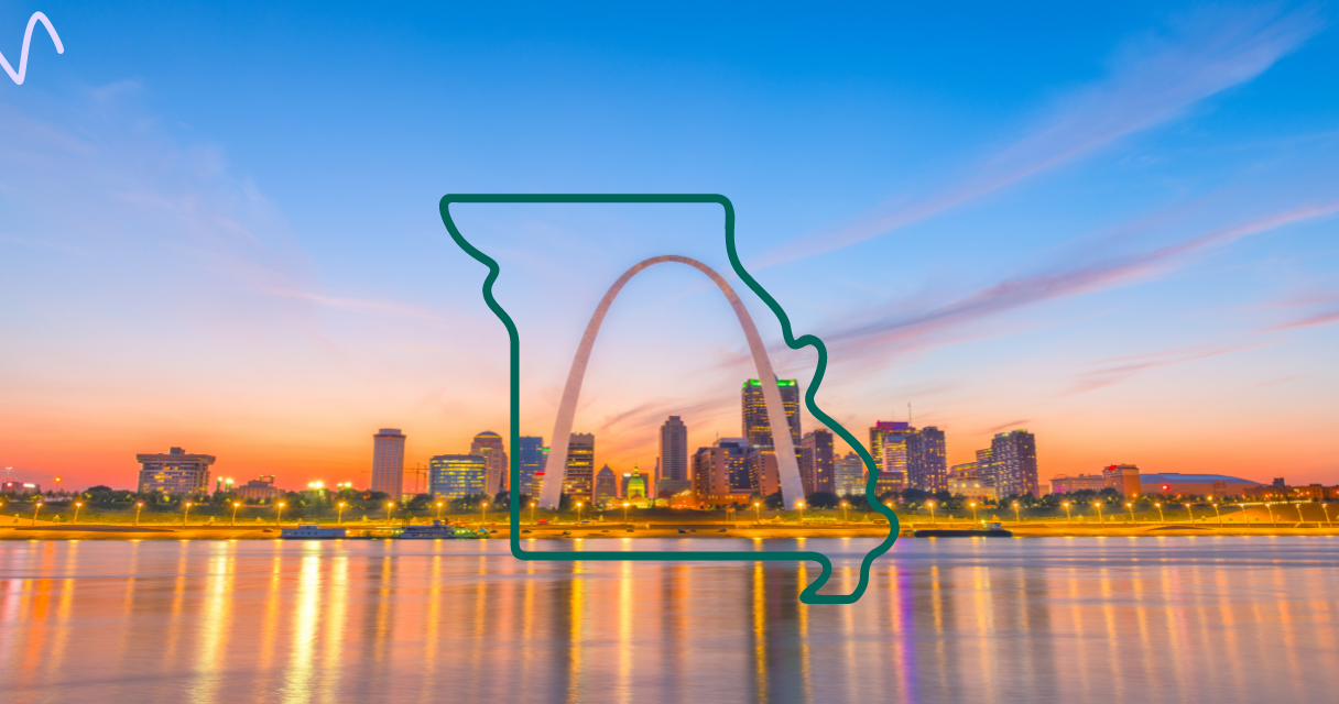 St. Louis skyline at sunset with the Gateway Arch and Missouri state outline