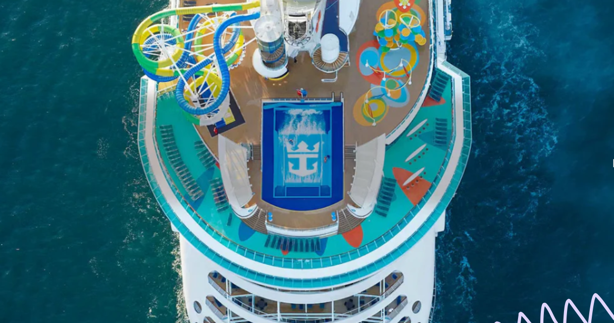 Aerial view of Royal Caribbean's Independence of the Seas, showcasing its vibrant deck with water slides, a pool, and activity areas. Featured at events like NurseCon at Sea