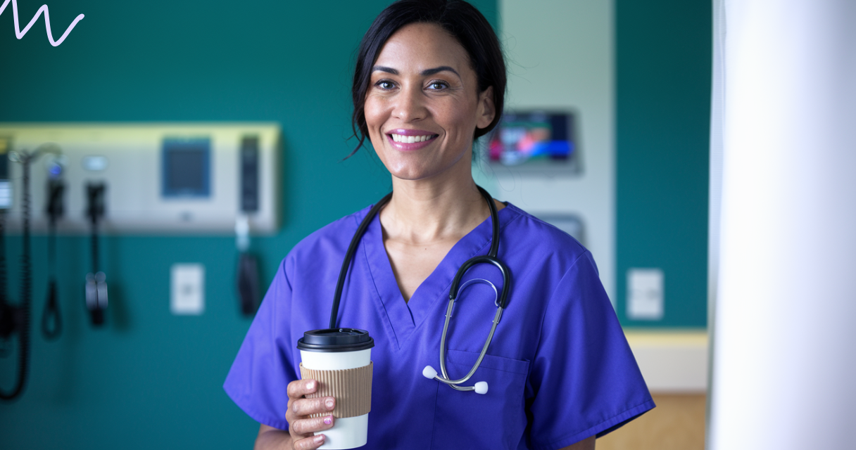 A smiling nurse in purple scrubs holding a coffee cup, with a stethoscope around her neck, standing in a hospital setting. Medical equipment and monitors are visible in the background, emphasizing financial tips for nurses working long shifts.