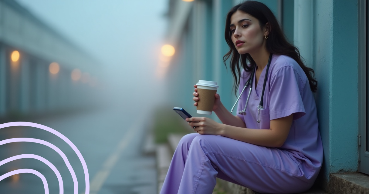 Nurse in scrubs sitting outside on a break, holding coffee and phone, reflecting on financial stress and budgeting challenges wanting to learn how to manage money.