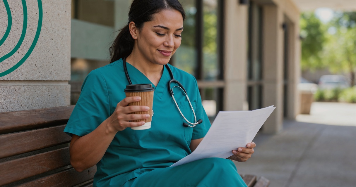 Smiling nurse sitting on a bench outside, holding a coffee and reviewing paperwork—representing financial solutions for healthcare professionals beyond student loans.