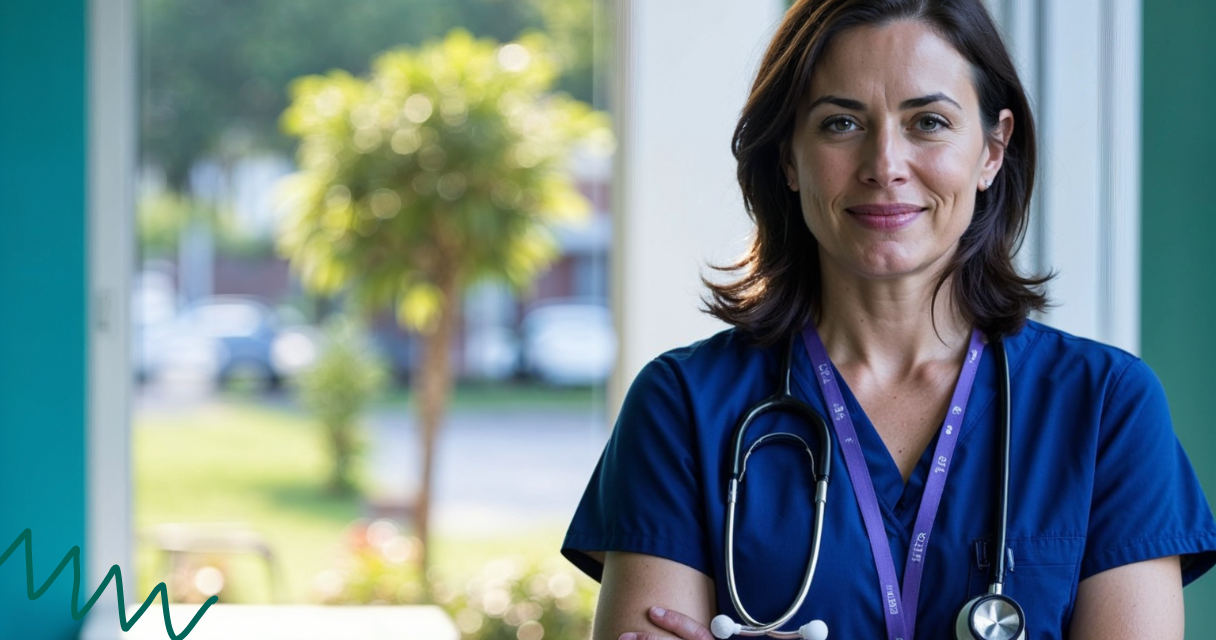 Confident nurse in blue scrubs standing with arms crossed in a brightly lit clinic entrance, representing strength and financial control for debt management for nurses.