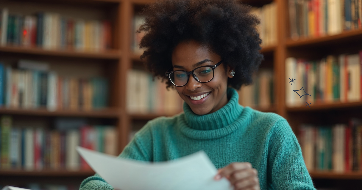Smiling woman reading financial documents in a library setting, symbolizing learning and improving financial literacy.