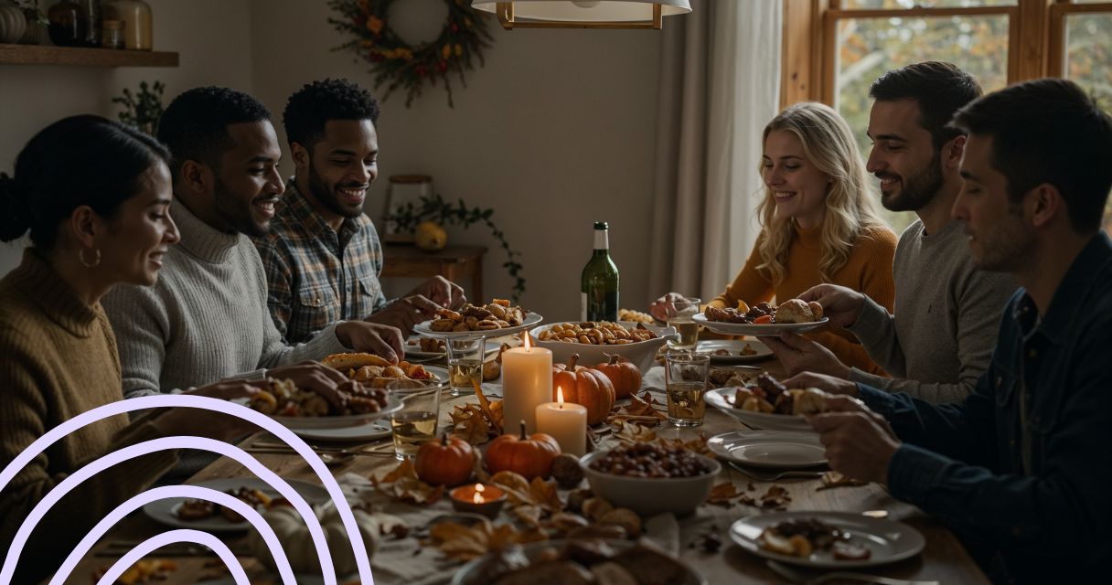 A diverse group of people sharing Thanksgiving dinner in a cozy, realistic home setting, representing gratitude and confidence in managing Thanksgiving costs responsibly.