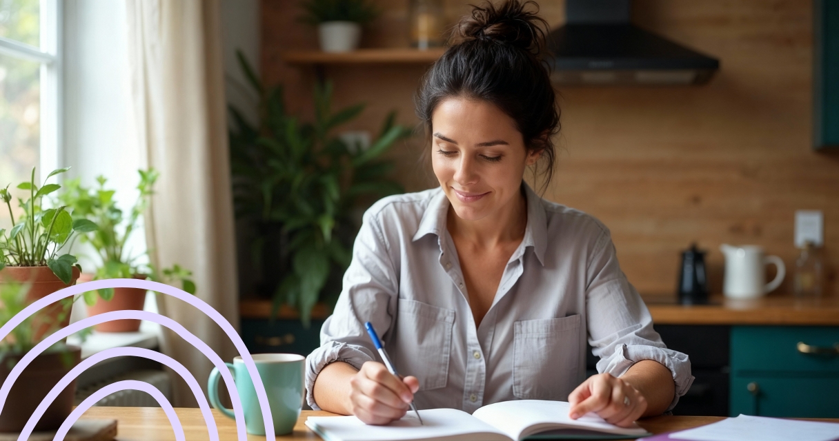 money stress: Everyday woman calmly organizing her budget at home with coffee and notebook, representing financial balance and peace of mind, not money stress