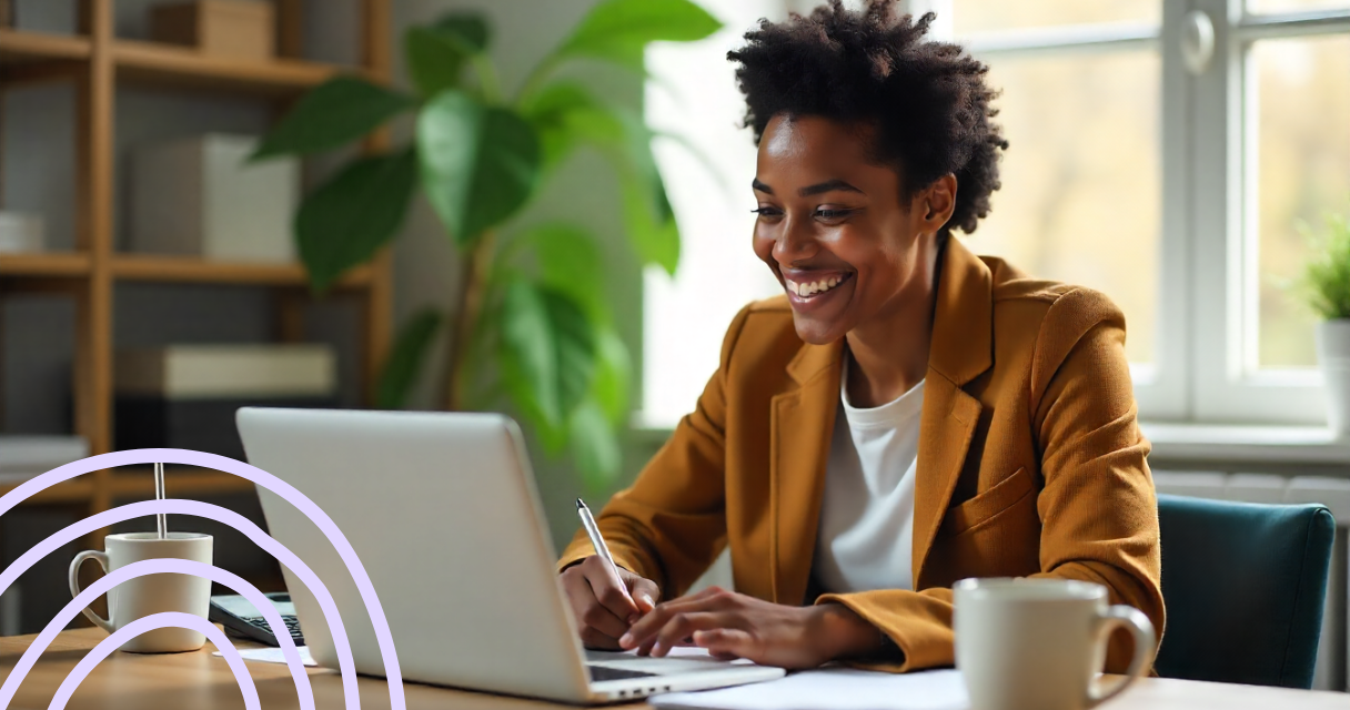 Young professional smiling while planning finances on a laptop at home, representing investing for beginners and building financial confidence.