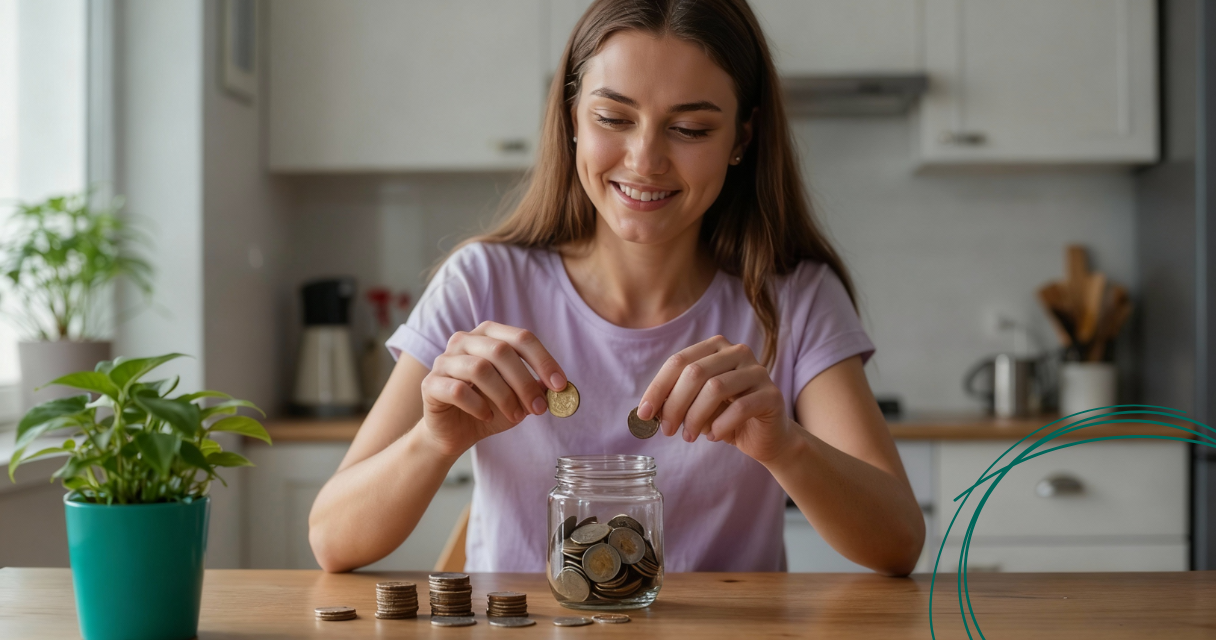 Woman smiling while placing coins into a glass jar at a kitchen table, symbolizing small savings making a big impact